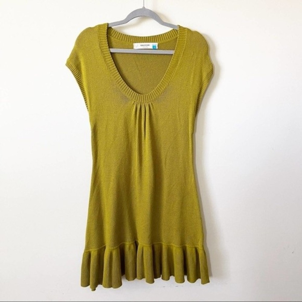 Anthropologie Sparrow Chartreuse Knit Drop Waist Ruffle Hem Dress